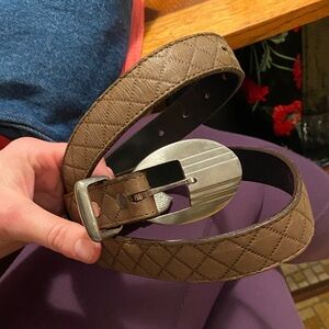 Brown Quilted Leather Belt with Silver Buckle